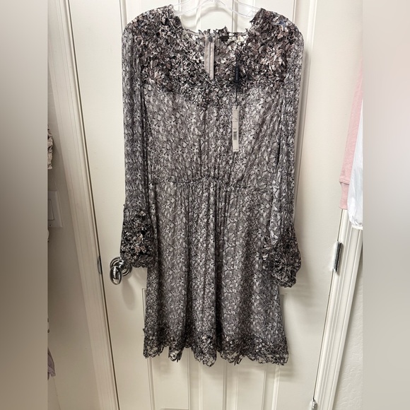 Elie Tahari Gray Lace Long-Sleeve Midi Dress
